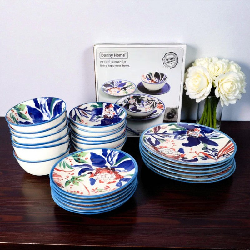 Danny Home 24-Piece Ceramic Dinner Set – Classical Elegant Floral Style in Navy Blue & White | Adornia.pk