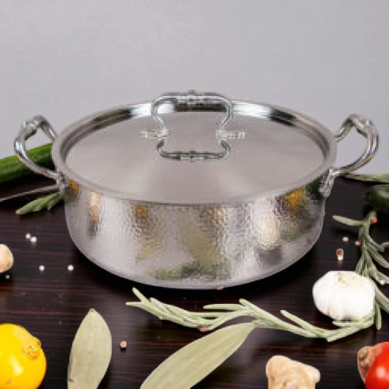 Tri-Ply Hand-Hammered Stainless Steel Casserole with Lid – 32cm Heavy-Duty Cookware for All Stovetops | Adornia.pk