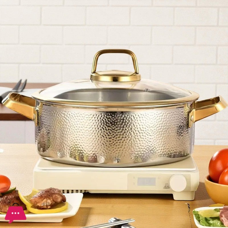 Three-Layer Stainless Steel Cooking Pot with Gold-Edged Glass Lid – 26 cm Hand-Hammered 304 Steel Soup Pot | Adornia.pk