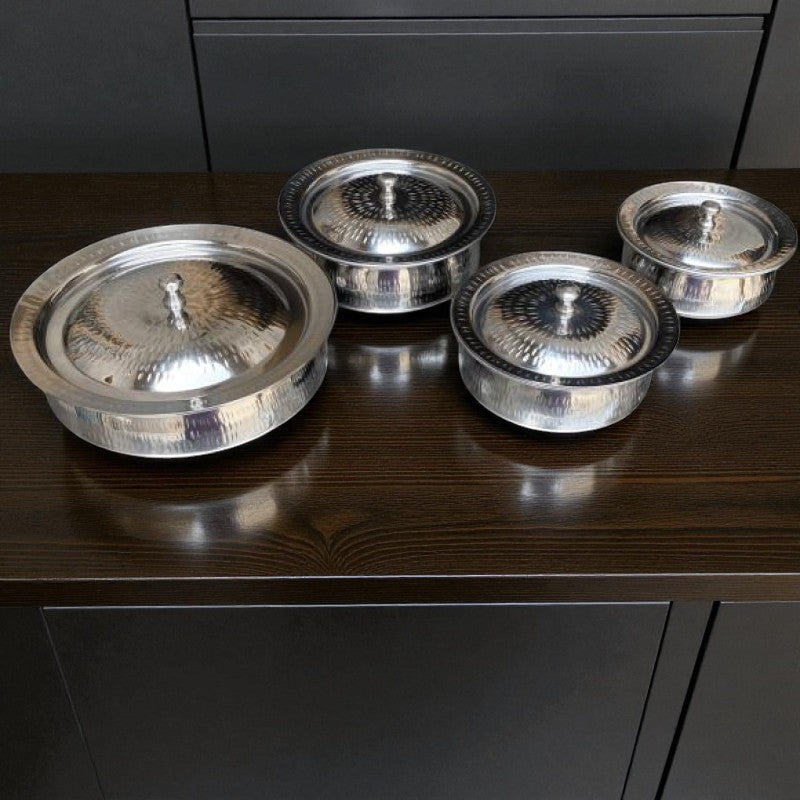 Stainless Steel Serving Handi Set (4 Pcs) – Traditional Silver Cookware & Table Serveware | Adornia.pk