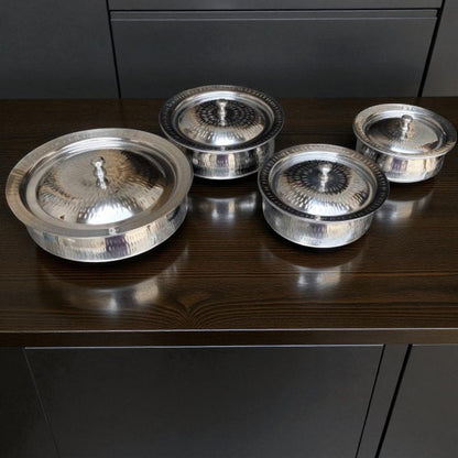 Stainless Steel Serving Handi Set (4 Pcs) – Traditional Silver Cookware & Table Serveware | Adornia.pk