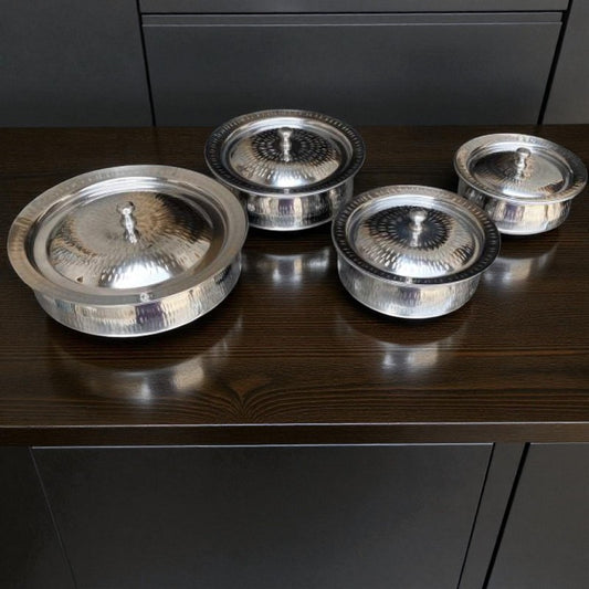 Stainless Steel Serving Handi Set (4 Pcs) – Traditional Silver Cookware & Table Serveware | Adornia.pk