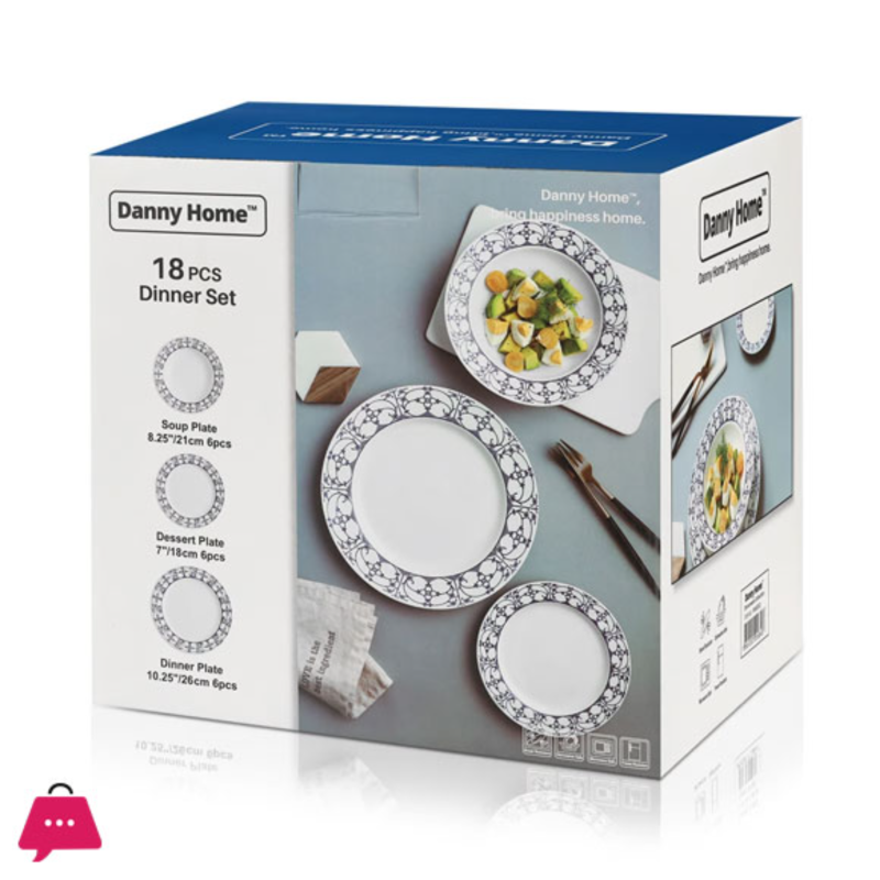 Danny Home 18-Piece Nordic Style Porcelain Dinner Set – Blue Floral Embroidered Plate Collection | Adornia.pk