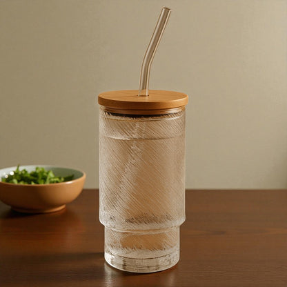 Luxury Textured Glass Tumbler with Bamboo Lid & Glass Straw – Premium 500ml Drinkware