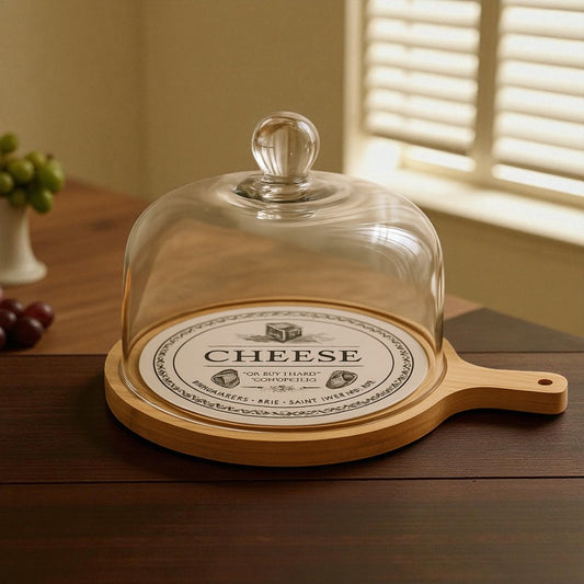 Luxury Wooden Cheese Board with Glass Dome Cover – Premium Serving Platter for Cheese, Pastries & Desserts