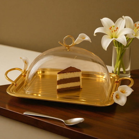 Luxury Golden Serving Tray with Glass Dome & Lily Handles – Premium Dessert & Snack Display