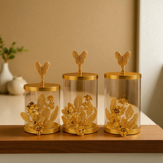 Luxury Golden Floral Glass Storage Jar Set – 3-Piece Decorative Airtight Containers