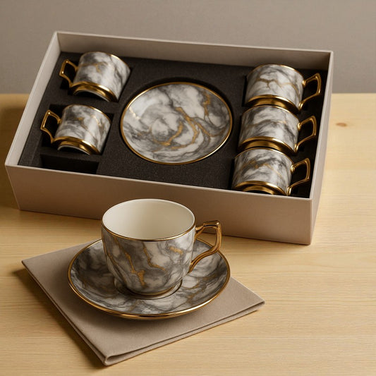 Luxury Marble Gold Tea Cup Set – 12 Pcs (6 Cups + 6 Saucers) | Premium Gift Box