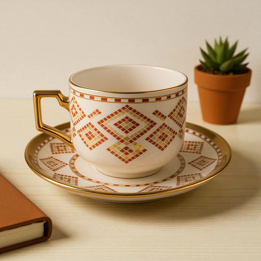 Premium Mosaic Gold-Handle Tea Cup & Saucer Set – 12 Pcs | Luxury 6 Cups + 6 Saucers