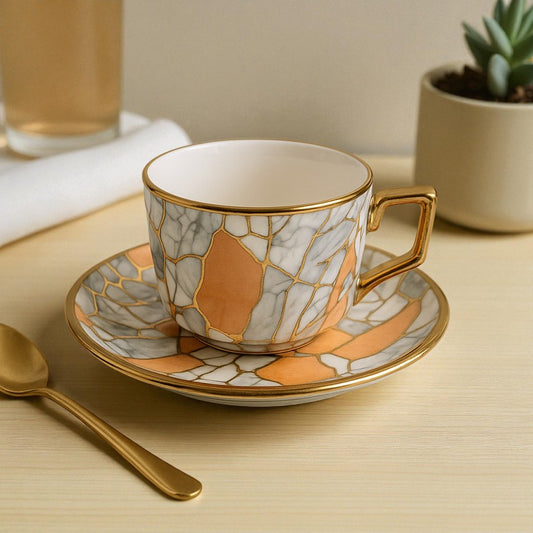Luxury Marble Kintsugi Tea Cup & Saucer Set – 12 Pcs (6 Cups + 6 Saucers) | Gold-Trimmed Premium Ceramic