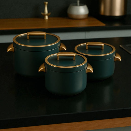 Premium 3-Piece Insulated Hotpot Set – 1000ml, 2000ml, 3500ml | Luxury Green & Gold Food Server Collection