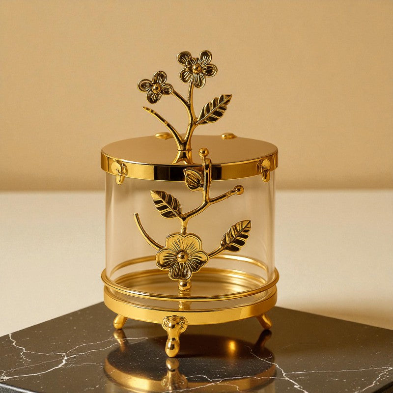 Luxury Golden Floral Crystal Jar – Elegant Decorative Storage Container