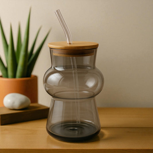 Premium Smoke Grey Glass Bottle with Bamboo Lid & Glass Straw – Stylish Reusable Drinkware
