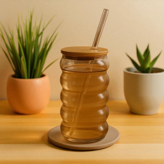 HoneyWave Glass Tumbler with Bamboo Lid & Glass Straw – Premium Ripple Design