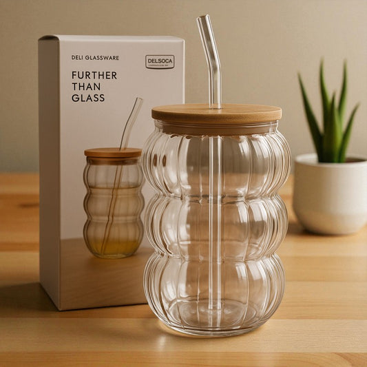Delisoga Bubble Wave Glass Cup with Bamboo Lid & Glass Straw – Premium Transparent Drinkware
