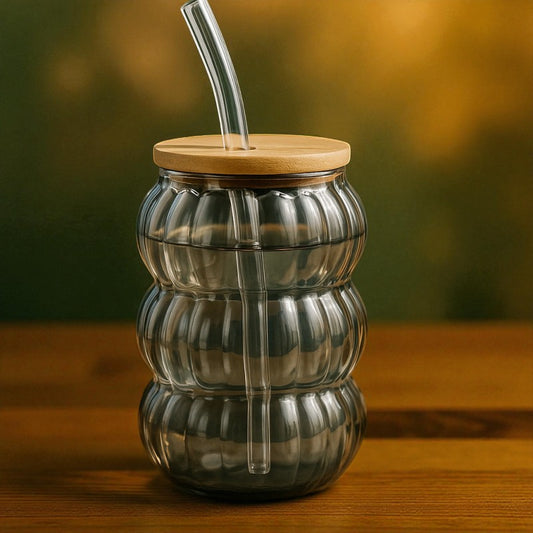 Triple-Wave Smokey Glass Cup with Bamboo Lid & Straw – Premium Deli Glassware