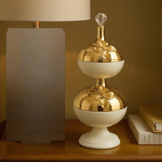 Luxury Double-Layer Golden Decorative Jar with Crystal Top – Elegant Home Décor Storage Piece