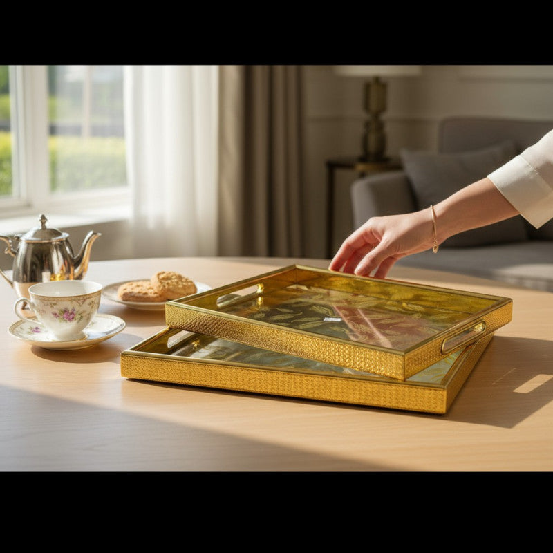 Luxury 2-Piece Glass Luxury Gold Wheat-Pattern Serving Tray Set