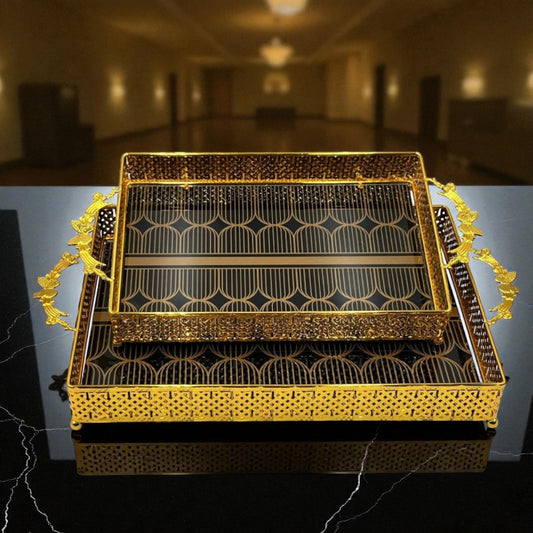 Elegant Black Brown Texture & Golden Border 2pcs Rectangle Tray Set