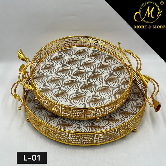 Elegant White & Brown Textured Round Tray Set with Golden Border – 2 Pieces