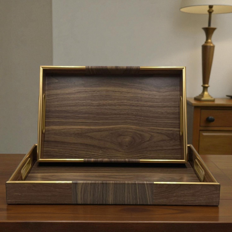 Elegant Light & Dark Brown Texture with Golden Border 2pcs Rectangle Tray Set