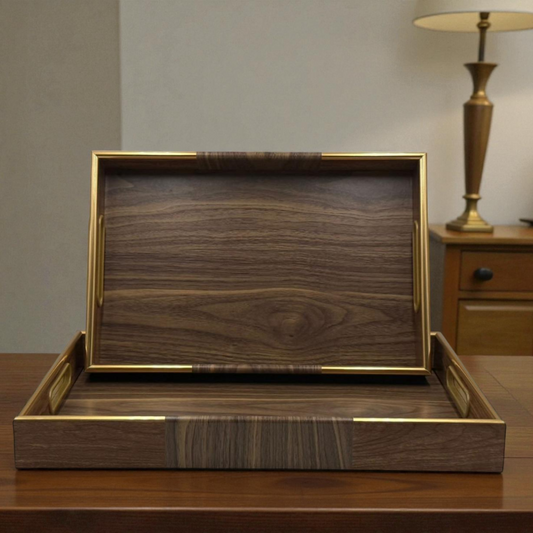 Elegant Light & Dark Brown Texture with Golden Border 2pcs Rectangle Tray Set