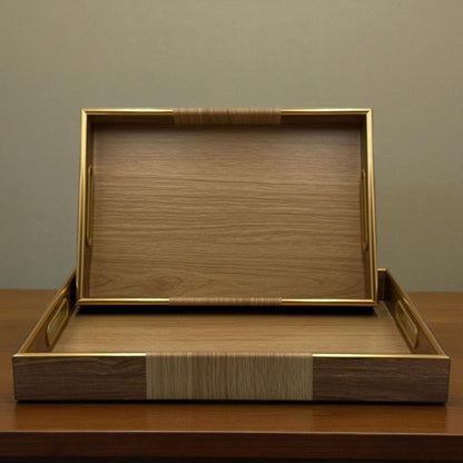 Contemporary Brown Lined Acrylic Tray Duo with Gold Accent – 2 Piece Set