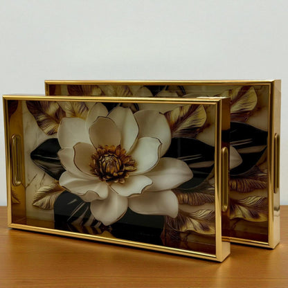 Charming Multicolor Floral Acrylic Tray Pair with Golden Edge – 2 Piece Collection