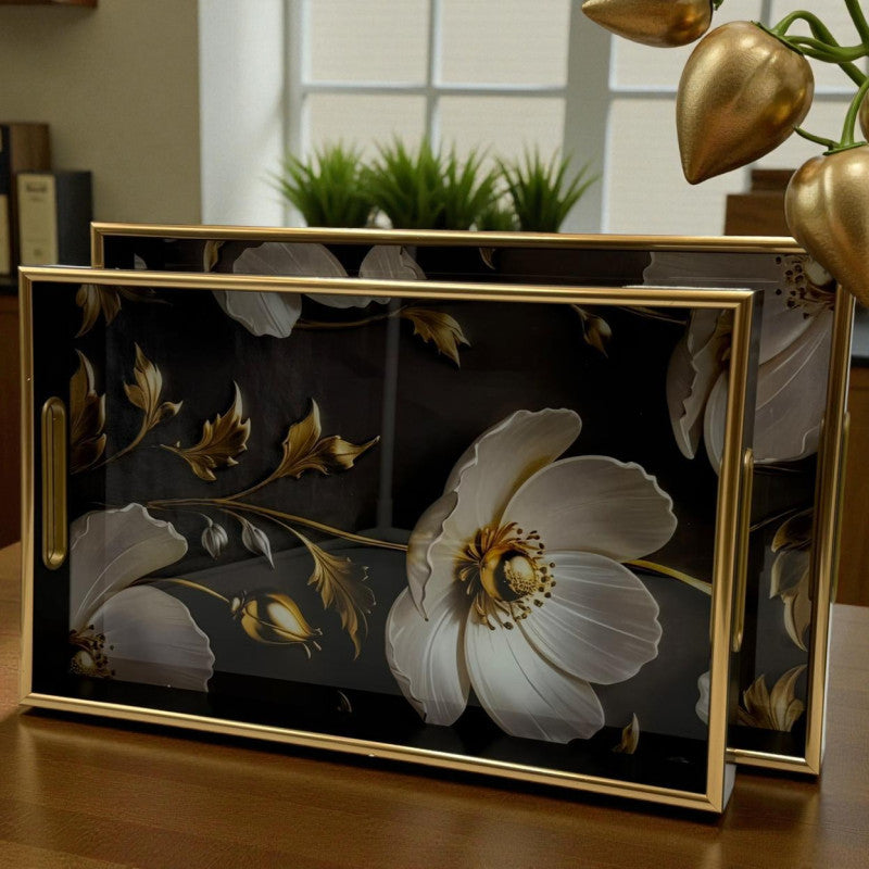 Radiant Floral Acrylic Tray Set with Gold Detailing – 2 Piece Ensemble