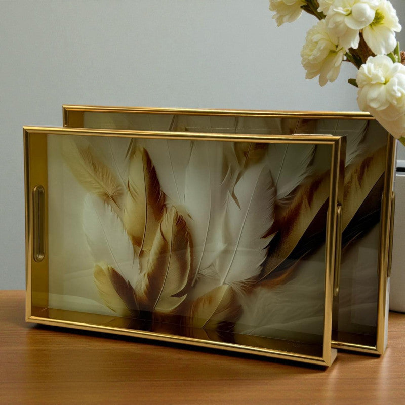 Bright Petal Acrylic Tray Duo with Golden Frame – 2 Piece Decorative Set