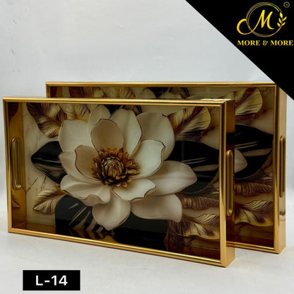 Charming Multicolor Floral Acrylic Tray Pair with Golden Edge – 2 Piece Collection