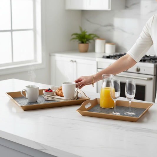 Classic Aura Leather Tray Collection with Cocoa Edge Detailing – 3 Piece Organizer Set