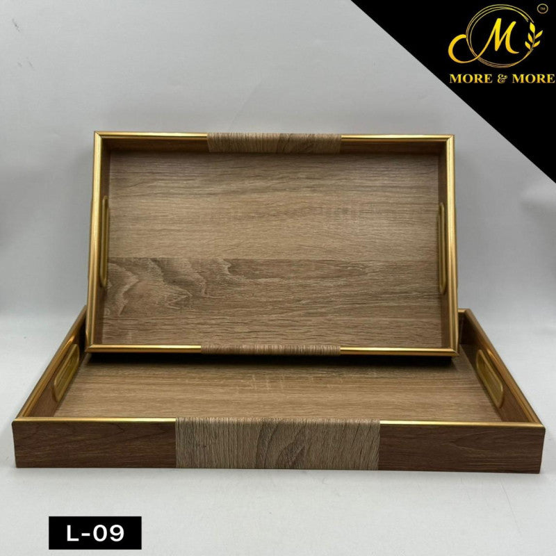 Natural Grace Acrylic Tray Duo with Golden Frame – 2 Piece Wooden Texture Collection