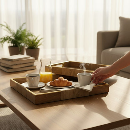 Natural Grace Acrylic Tray Duo with Golden Frame – 2 Piece Wooden Texture Collection