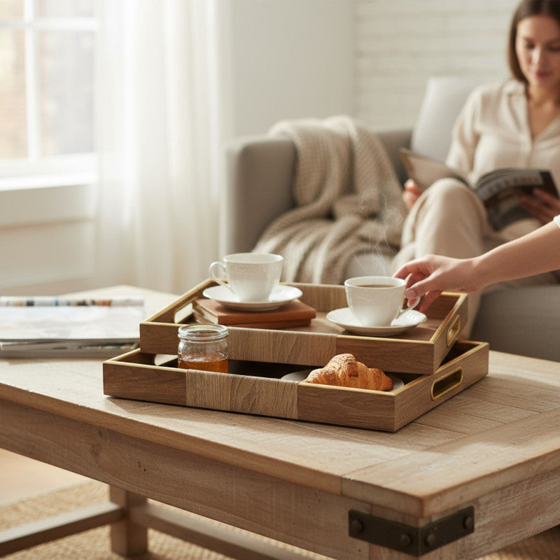 Natural Grace Acrylic Tray Duo with Golden Frame – 2 Piece Wooden Texture Collection