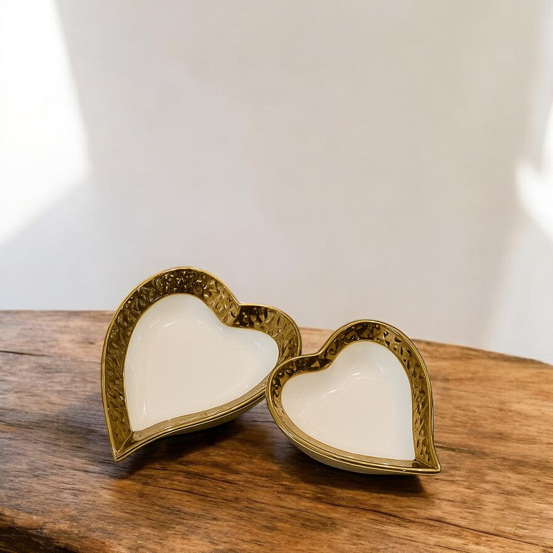 Golden Heart Porcelain Serving Platters – 2 Piece Premium White & Gold Set