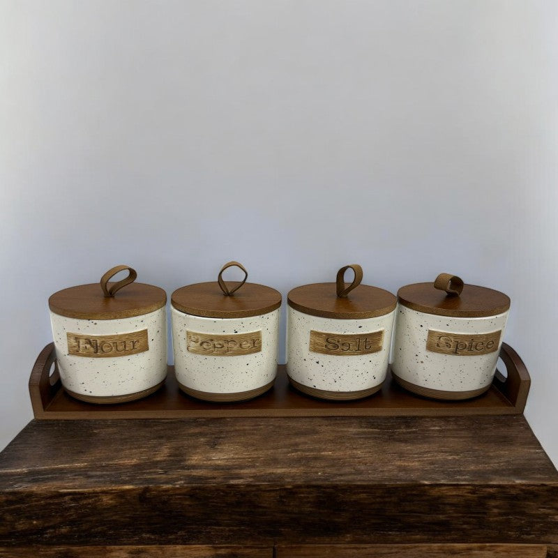 Rustic 4 Pcs Ceramic Jar Set with Wooden Tray | Adornia.pk