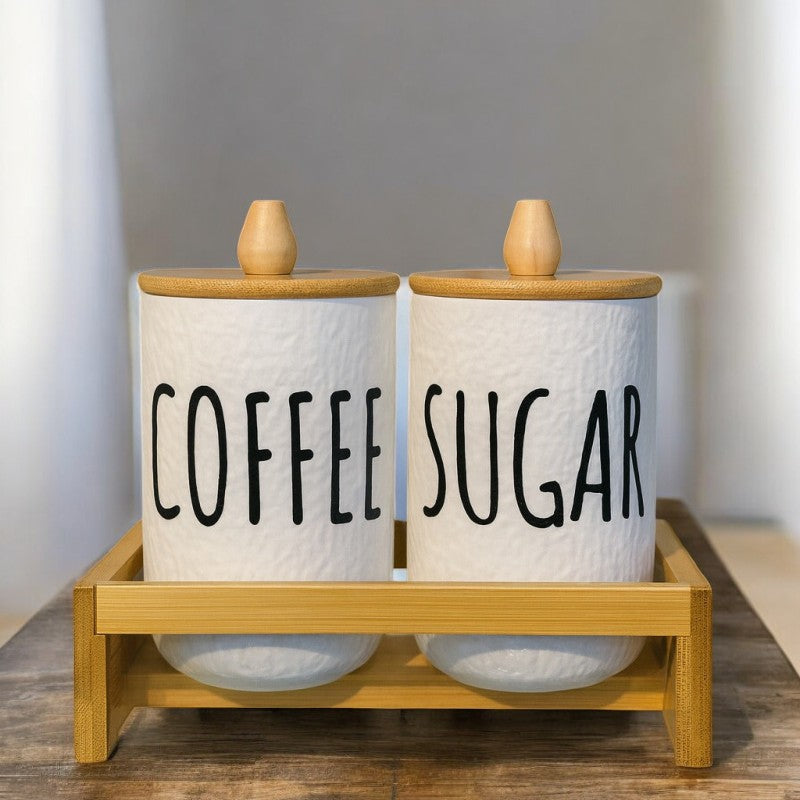 Contemporary 2-Piece Ceramic Storage Jars with Bamboo Base | Adornia.pk