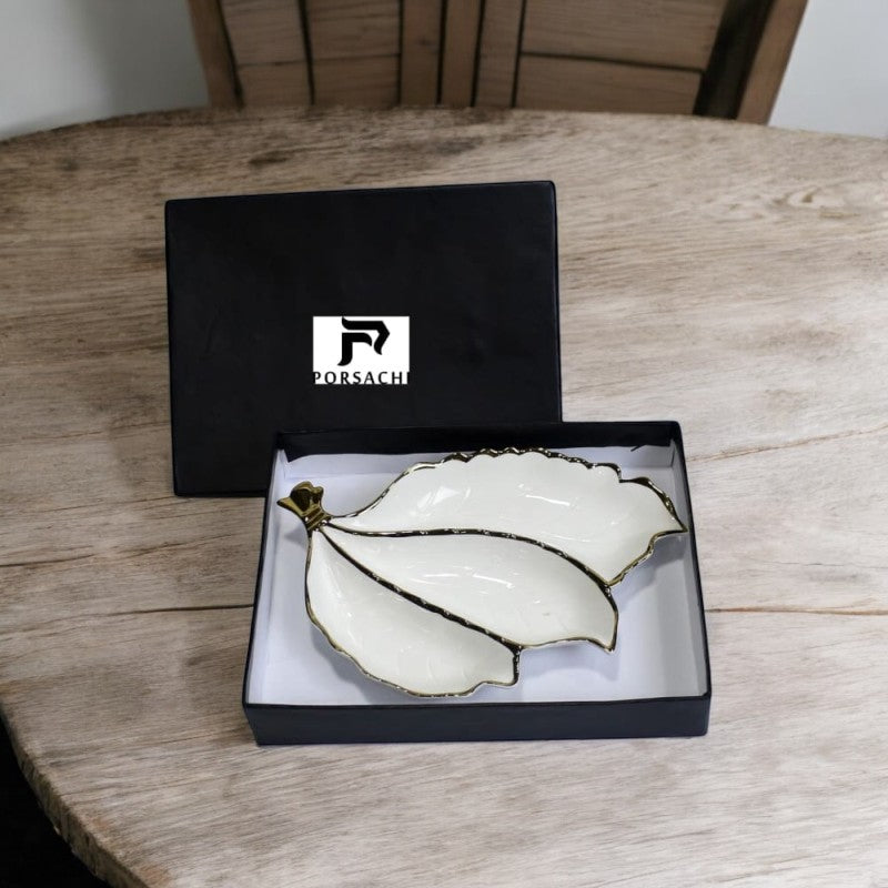 Porsachi Leaf-Shaped Porcelain Serving Platter – White & Gold Luxury Dish | Adornia.pk