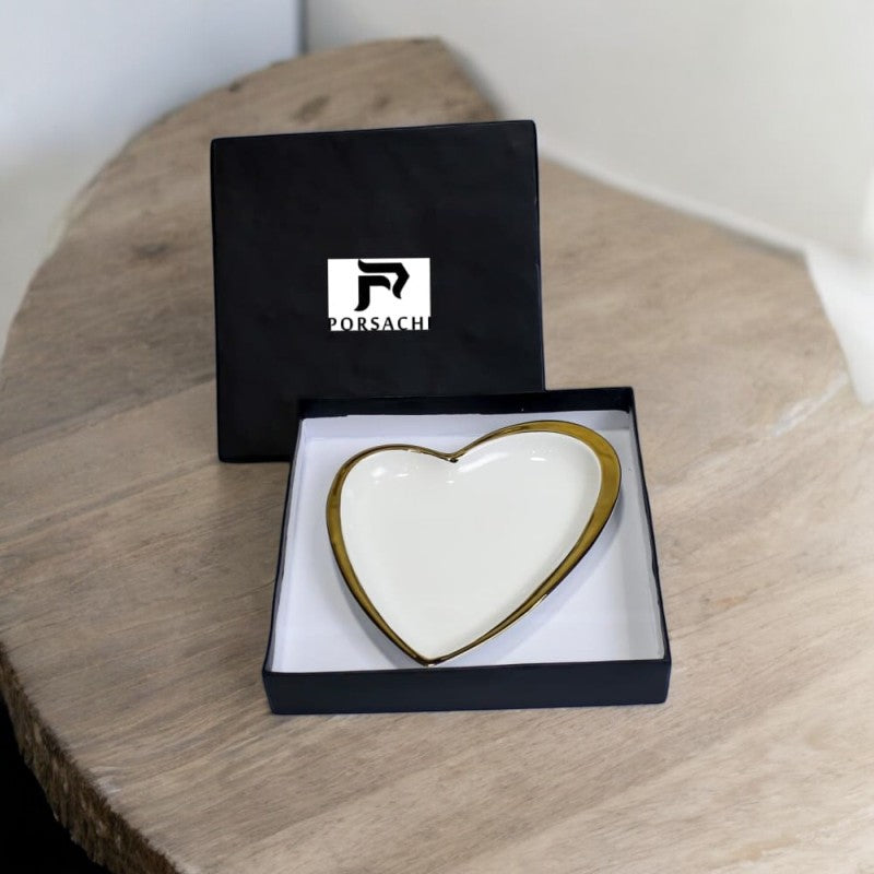 Porsachi Heart-Shaped Porcelain Serving Plate – White & Gold Luxury Dish | Adornia.pk