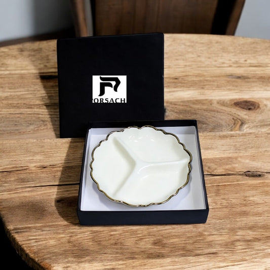 Porsachi 3-Section Porcelain Serving Dish – White & Gold Scalloped Plate | Adornia.pk