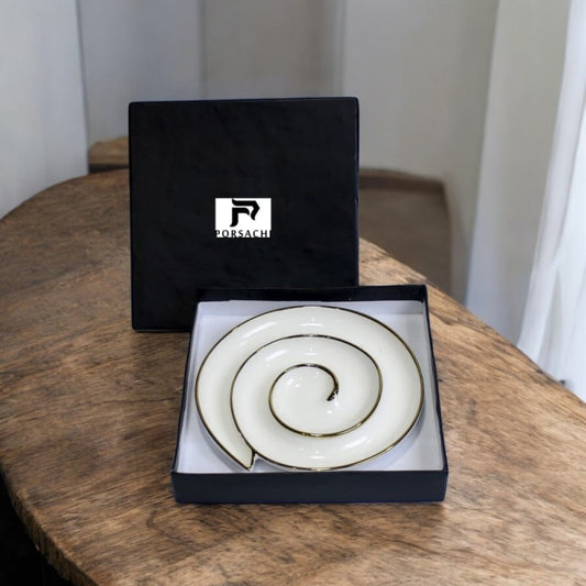 Porsachi Spiral Porcelain Serving Plate – White & Gold Luxury Snack Platter | Adornia.pk