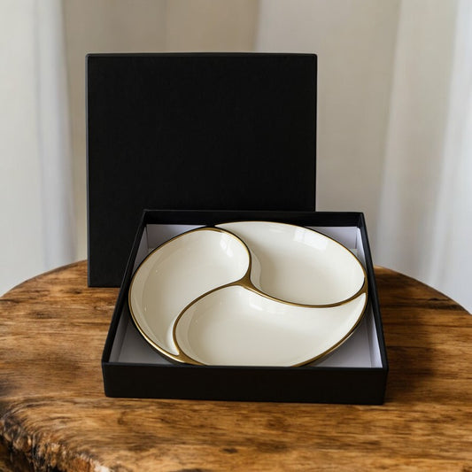 Porsachi 3-Section Porcelain Serving Plate – White & Gold Divided Snack Dish | Adornia.pk