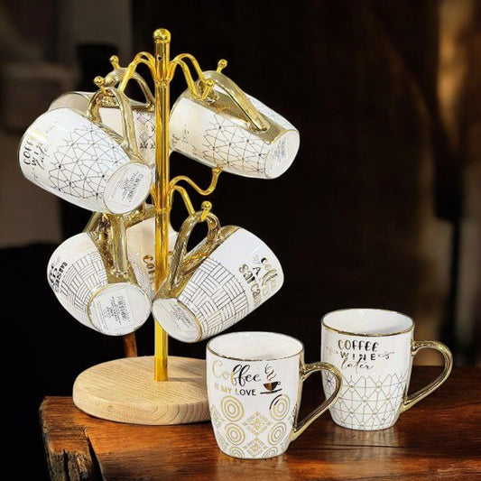 Golden Mug Holder Stand with Wooden Base – Elegant Kitchen & Dining Organizer | Adornia.pk