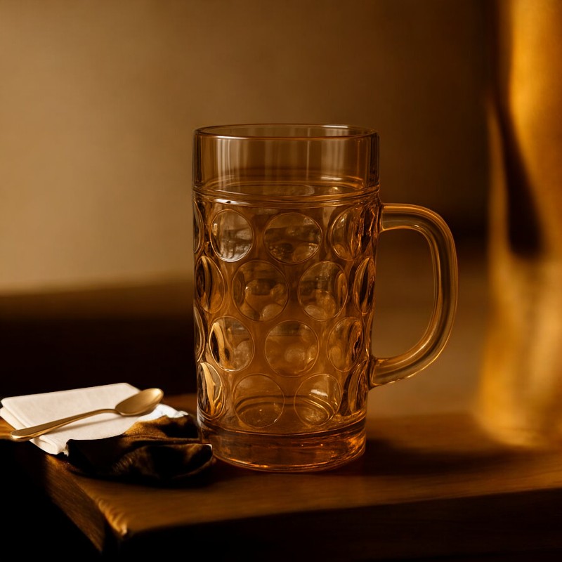 Amber Crystal Textured Glass Mug – Premium Thick Handle Drinkware (550ml) | Adornia.pk