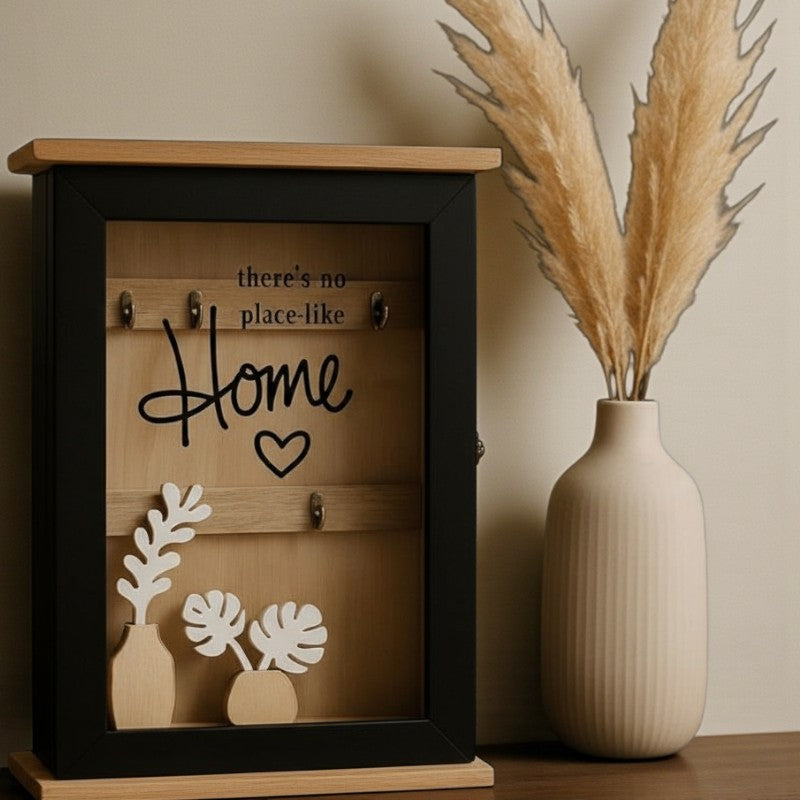 Wooden Wall Mounted Key Holder Box – “There’s No Place Like Home” Decorative Key Organizer | 3-Hook Entryway Storage Cabinet | Adornia.pk