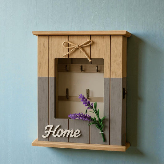 Rustic Wooden Wall Key Holder Cabinet with Glass Window & Decorative Lavender – Home Organizer Box | Adornia.pk