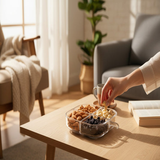 4-Grid Transparent Snack & Sauce Serving Tray – Premium Plastic Compartments for Dry Fruits & Snacks | Adornia.pk