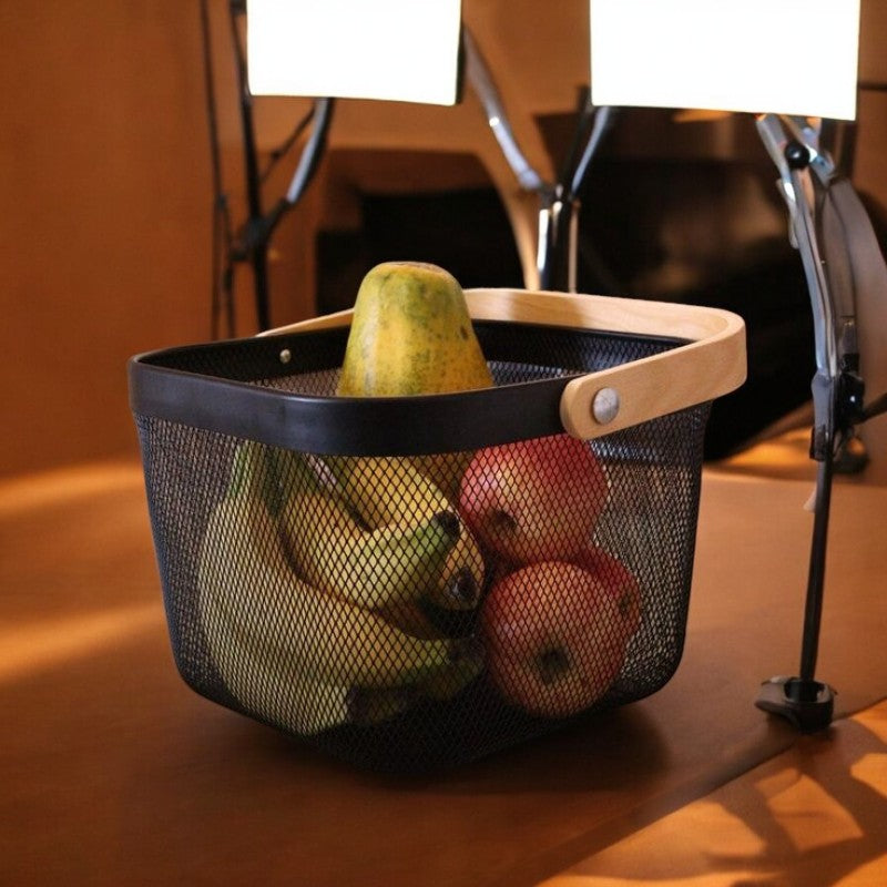 Modern Metal Mesh Fruit Basket with Wooden Handle – Stylish Kitchen Counter Storage for Fruits and Vegetables | Adornia.pk