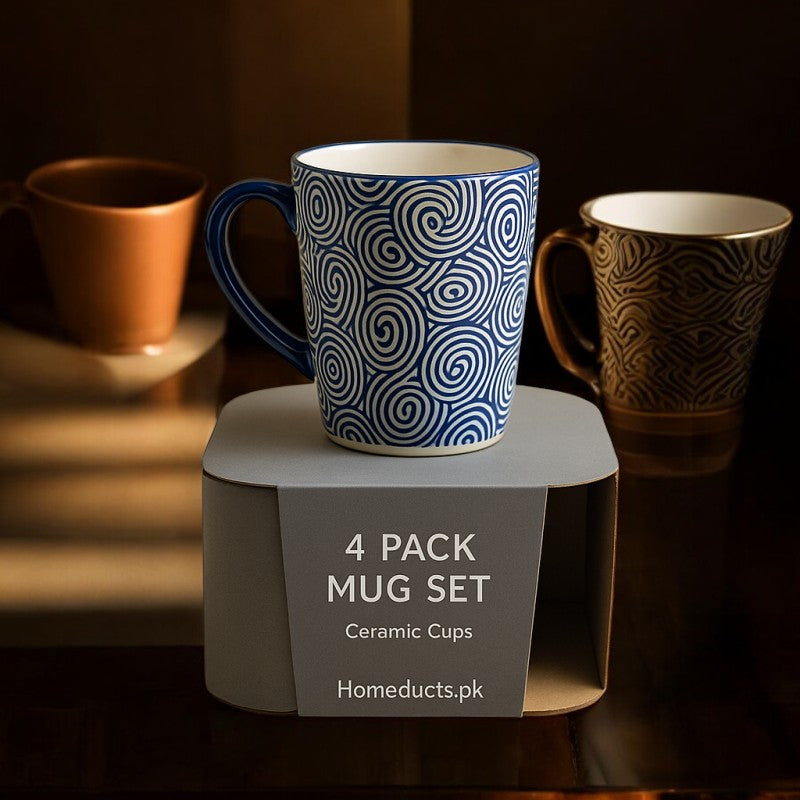 Premium 4-Piece Ceramic Mug Set – Blue Patterned Coffee & Tea Cups | Adornia.pk